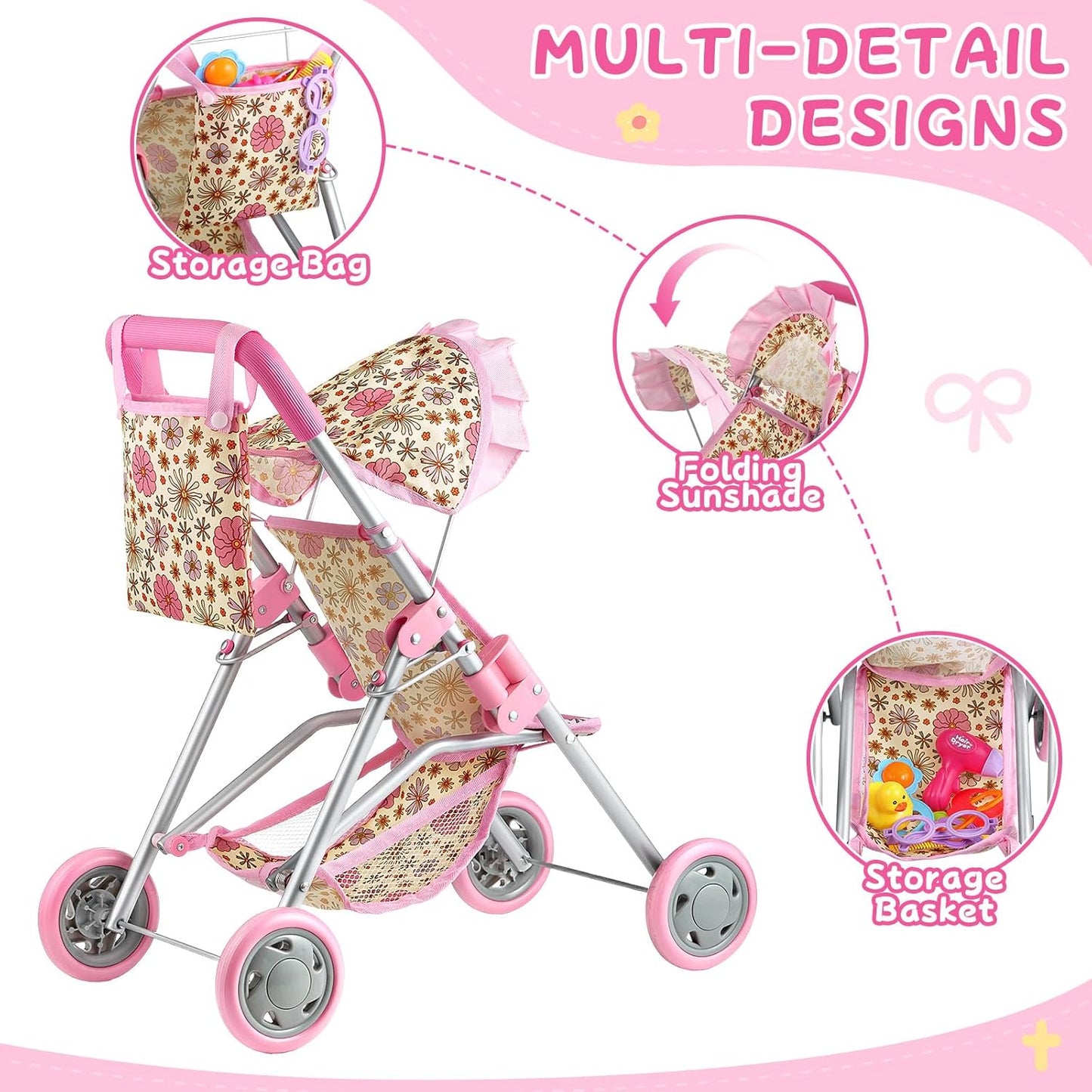 GAGAKU Baby Doll Stroller for Toddlers, Foldable Toy Stroller with Storage Basket and Bag, Diapers - Reborn Doll Accessories for Girls & Kids Ages 3+, Pink