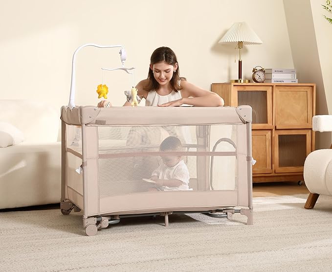 Pack and Play, 4 in 1 Baby Playard – Portable Crib, Bassinet, Bedside Sleeper, Changing Table & Playpen | Breathable Mesh | Safe & Foldable for Newborns to Toddlers (Beige)