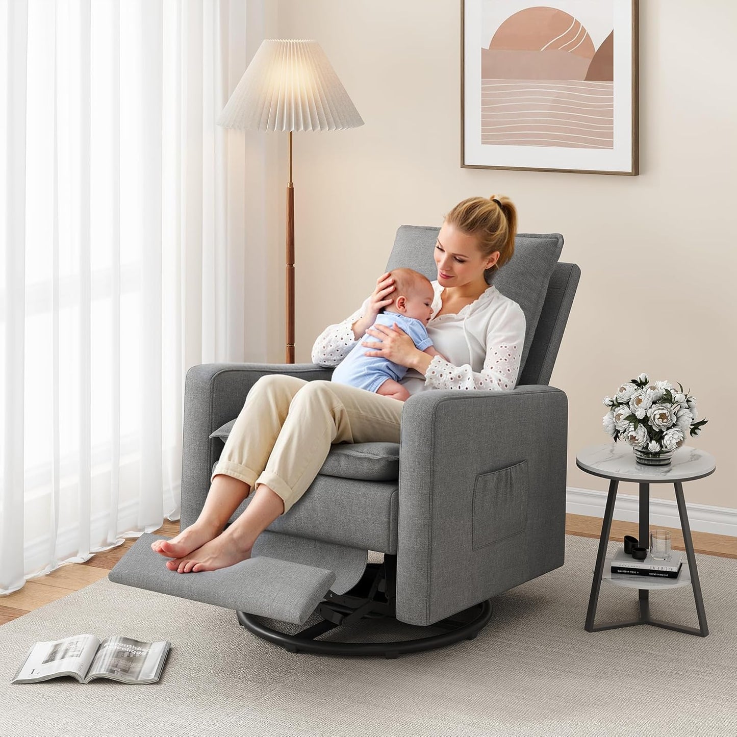 Amopatio Swivel Glider Recliner for Indoor, Nursery Rocker Chair Upholstered Single Sofa with Side Pockets and Footrest for Living Room Bedroom