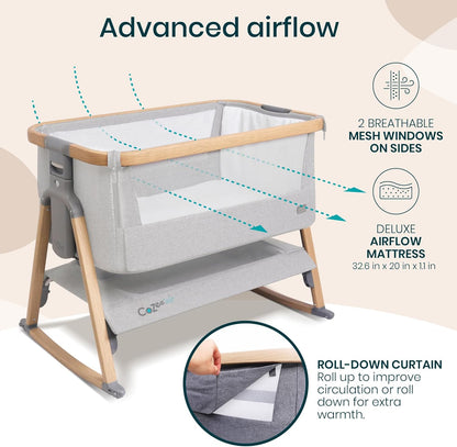 Tutti Bambini CoZee® 2-in-1 Baby Bassinet & Bedside Sleeper - Fast-Folding Bedside Bassinet, Baby Crib with 6 Mattress Heights & Breathable Mesh Window, Mattress Included, 0-6 Months (Oak & Charcoal)