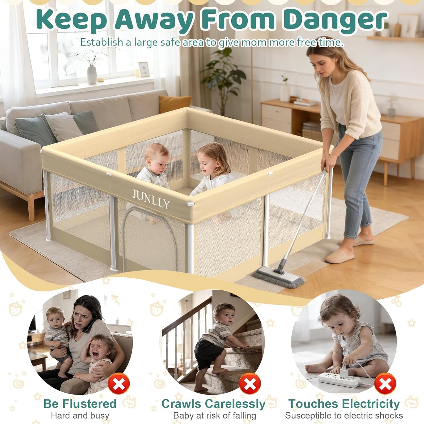 Foldable Playpen for Babies and Toddlers - 50x50 Inches Playpen with Mat - Kids Collapsible Playard with Storage Bag for Indoor & Outdoor - Baby Fence with 30 Ball & Gate - Khaki