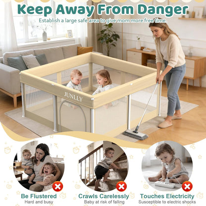 Foldable Playpen for Babies and Toddlers - 50x50 Inches Playpen with Mat - Kids Collapsible Playard with Storage Bag for Indoor & Outdoor - Baby Fence with 30 Ball & Gate - Khaki