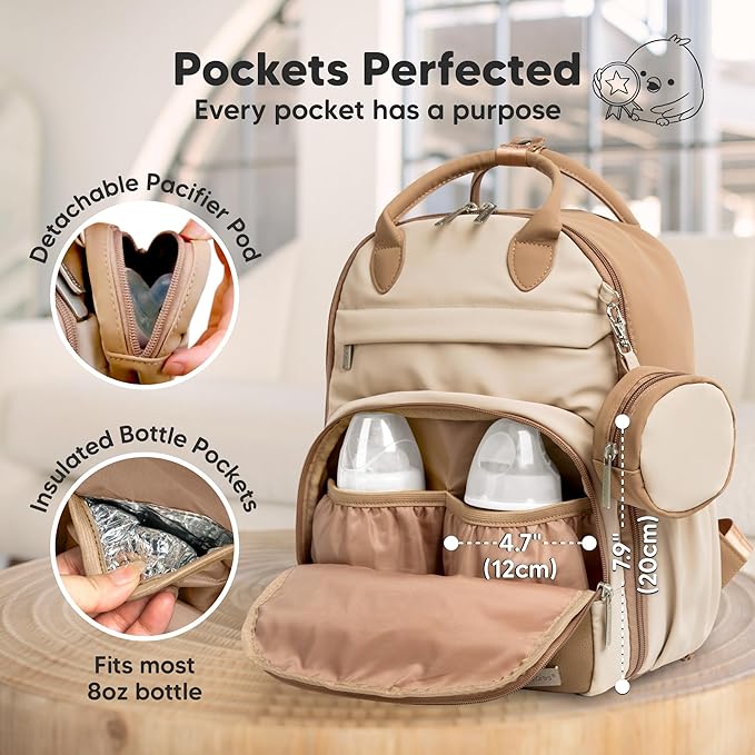 KeaBabies Diaper Bag Backpack - Small Multifunctional Travel Diaper Back Packs, Maternity Baby Changing Bags, 12L Capacity, PU Leather, Waterproof, Unisex, Nappy Changing Pad (Latte, Small)