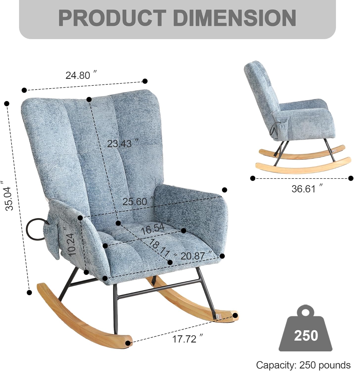 Rocking Chair Nursery with Airbag, Comfy Modern Nursery Rocking Reading Chair indoor with Footrest, Cozy Upholstered Glider Rocker Chairs for Living Room Bedroom Offices(Chenille, Dark Grey)