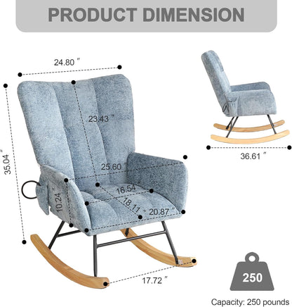 Rocking Chair Nursery with Airbag, Comfy Modern Nursery Rocking Reading Chair indoor with Footrest, Cozy Upholstered Glider Rocker Chairs for Living Room Bedroom Offices(Chenille, Dark Grey)