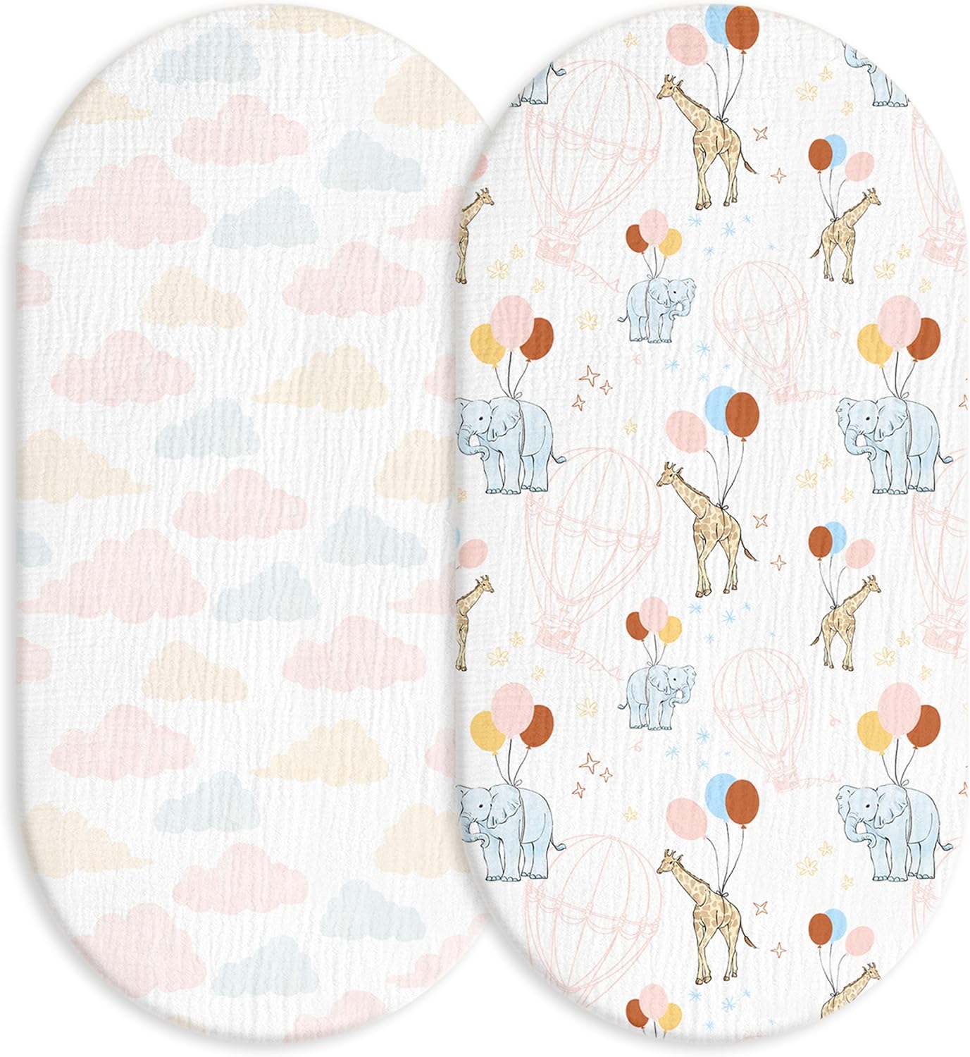 Muslin Bassinet Fitted Sheets 2 Pack, Soft Breathable Cotton Baby Bassinet Mattress Sheet Set, 360° Elastic Snug Fit, Universal for Oval, Rectangle & Hourglass Cradle, Unisex Baby Bedding (Cute Cars)