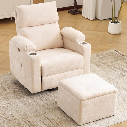 Rocking Chair Nursery with Adjustable Armrests, Electric Glider Recliner Nursing Chair for Breastfeeding, Power Swivel Recliner Chairs with Massage and Heat, Adjustable Headrest , FSC Certified, White