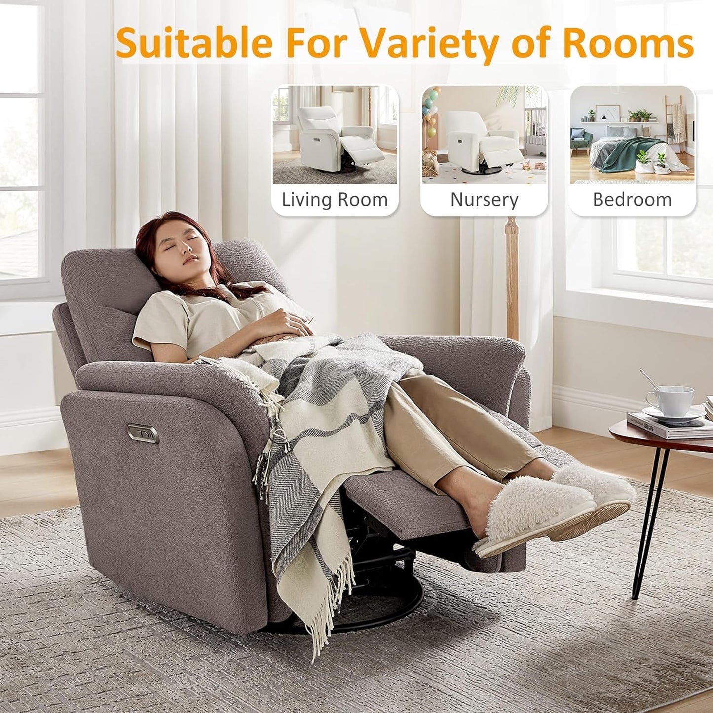 VANOMi Power Recliner Chair Swivel Glider, Electric Rocking Recliner Chairs with USB and Type-C Ports, Nursery Chair Recliner for Living Room, Bedroom, Apartment（Camel）