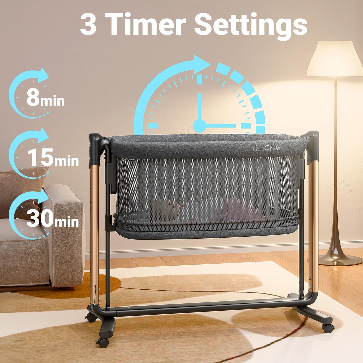 Electric Baby Bassinet, 7 Height Adjustable Rocking Bassinet for Baby, Auto Infant Sleeper with Timer, 12 Lullabies, Wheels, Smart Rocking Crib for Newborns, Beige