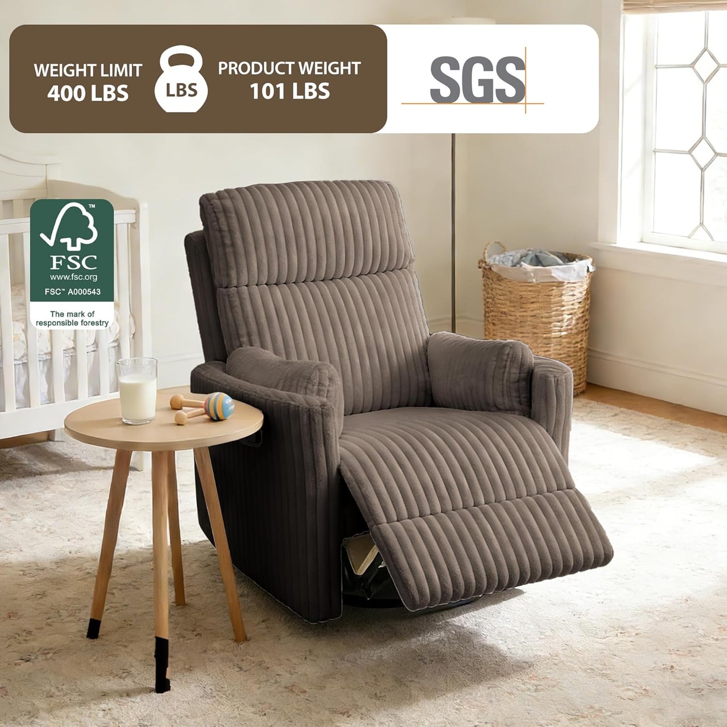 Oversized Swivel Rocking Chair, Manual Large Rocker Recliner Chairs for Adults, Corduroy Nursery Glider Barrel Chair with 2 Pillows, Wide Recliner for Living Room, Bedroom, Nursery, White