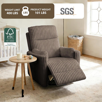 Oversized Swivel Rocking Chair, Manual Large Rocker Recliner Chairs for Adults, Corduroy Nursery Glider Barrel Chair with 2 Pillows, Wide Recliner for Living Room, Bedroom, Nursery, White