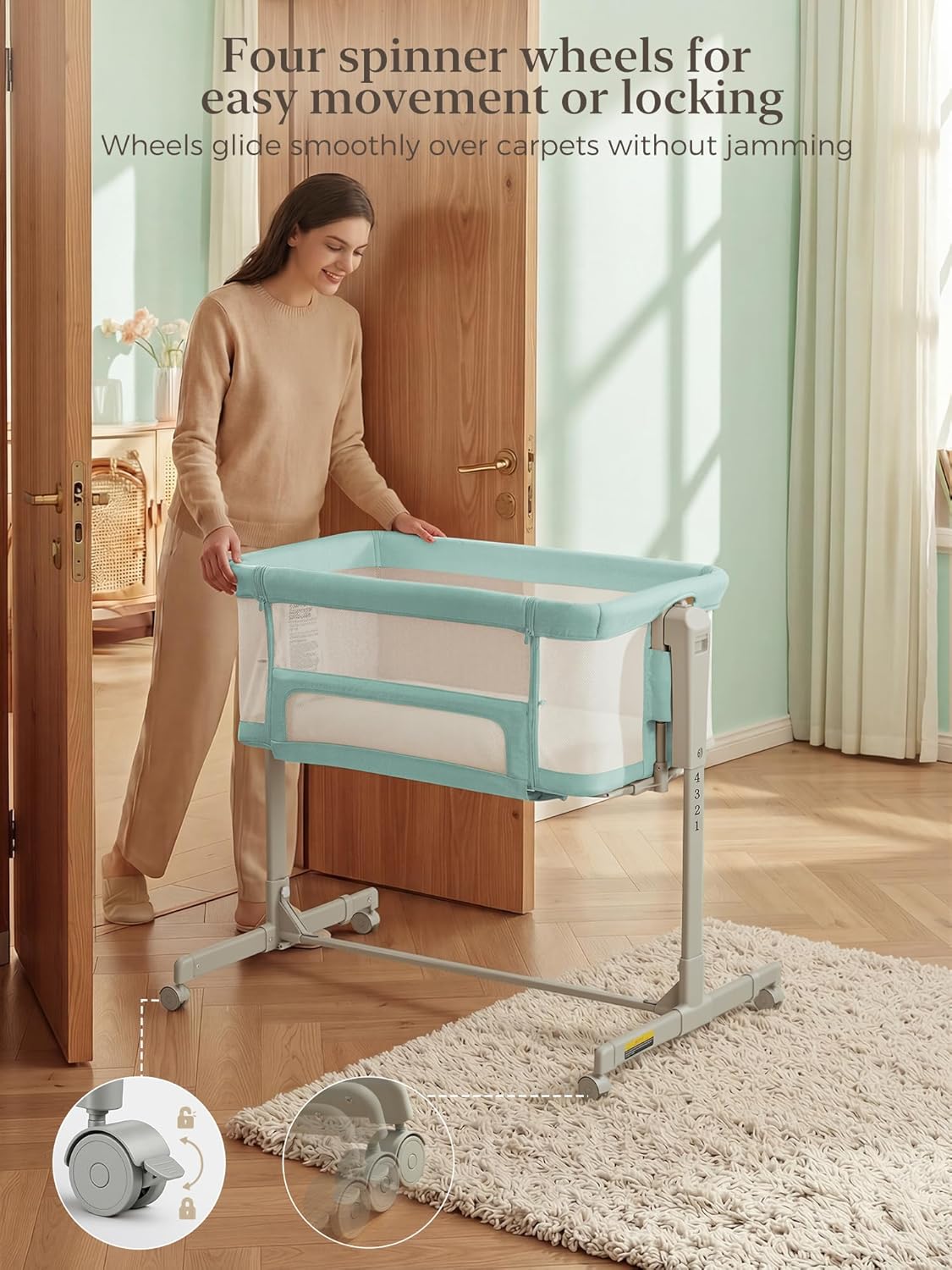 ONTHEWEI Baby Bassinet Bedside Sleeper 3-in-1, Easy Night Feeding with One-Side Fold & Rolling Wheels, Breathable Mesh, 6-Height Adjustable, Soft Mattress for Newborns