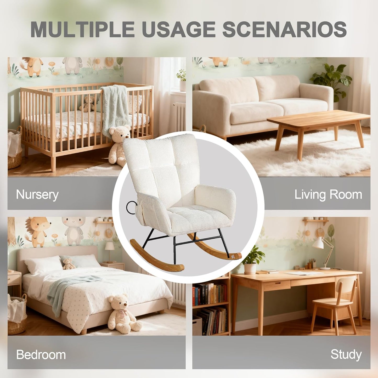Rocking Chair Nursery with Airbag, Comfy Modern Nursery Rocking Reading Chair indoor with Footrest, Cozy Upholstered Glider Rocker Chairs for Living Room Bedroom Offices(Chenille, Dark Grey)