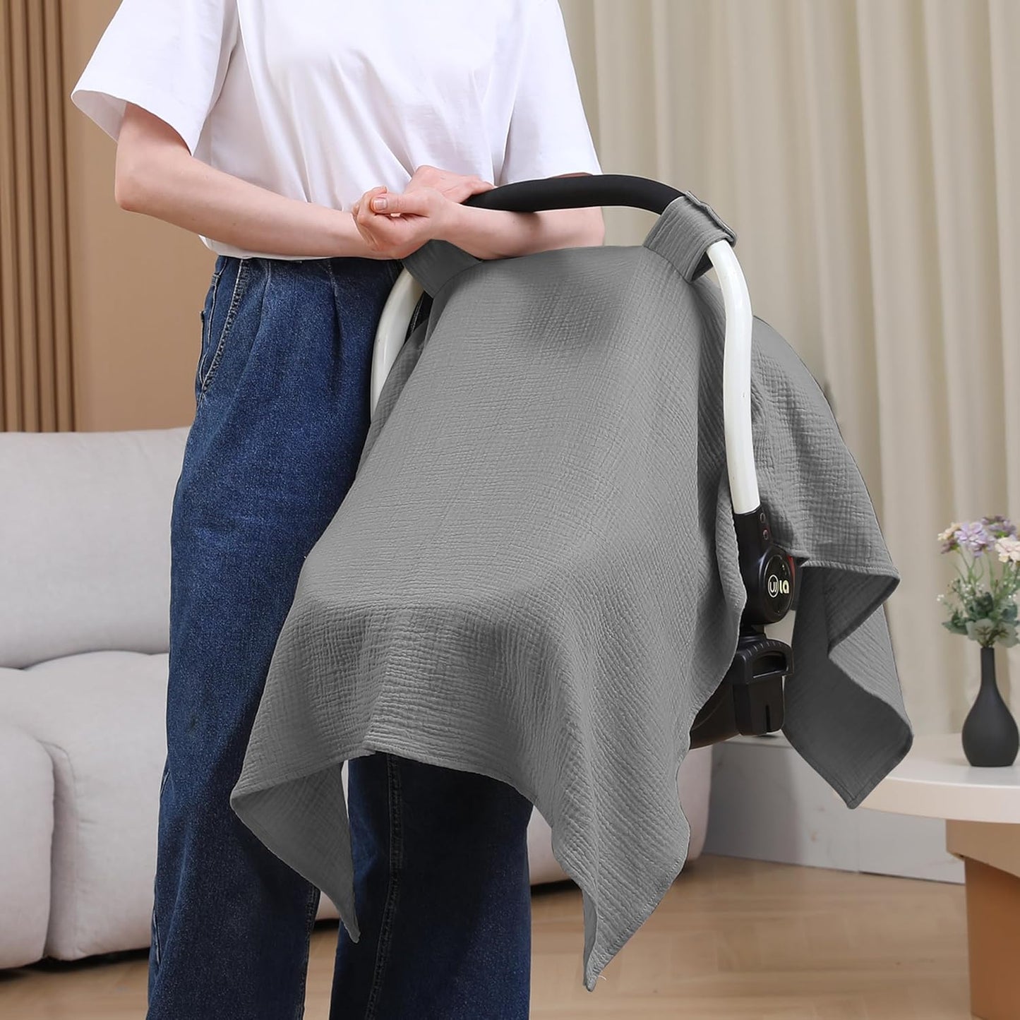 100% Muslin Cotton Car Seat Cover Baby, Carseat Canopy Cover, Universal Fit Stroller Covers for Boys and Girls (Blue)