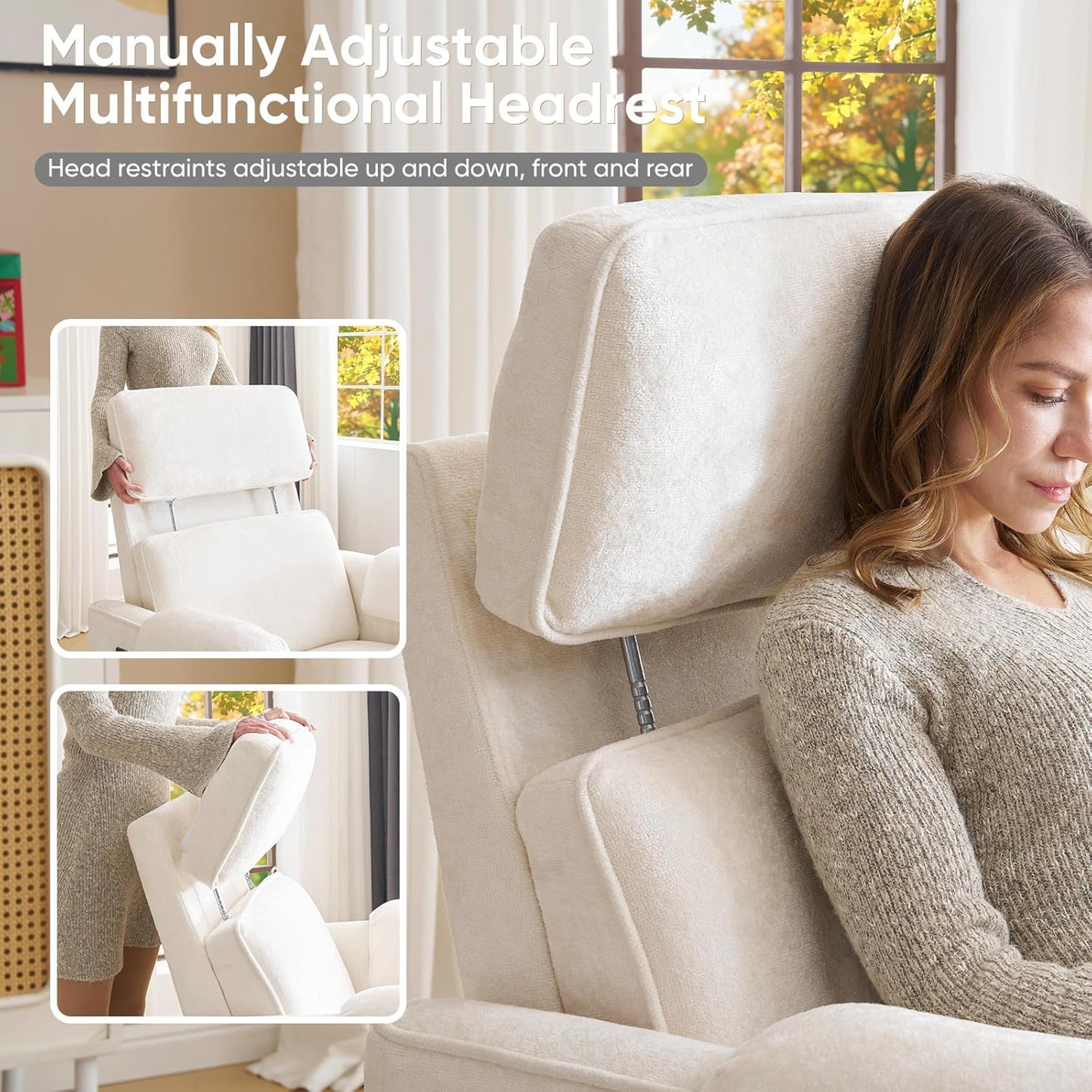 Oversized Power Rocker Recliner Chair, 26" Extra Wide Swivel Recliner with Adjustable Headrest, Chenille Glider Rocking Nursery Chair with Overstuffed Armrest, USB Ports, Cream