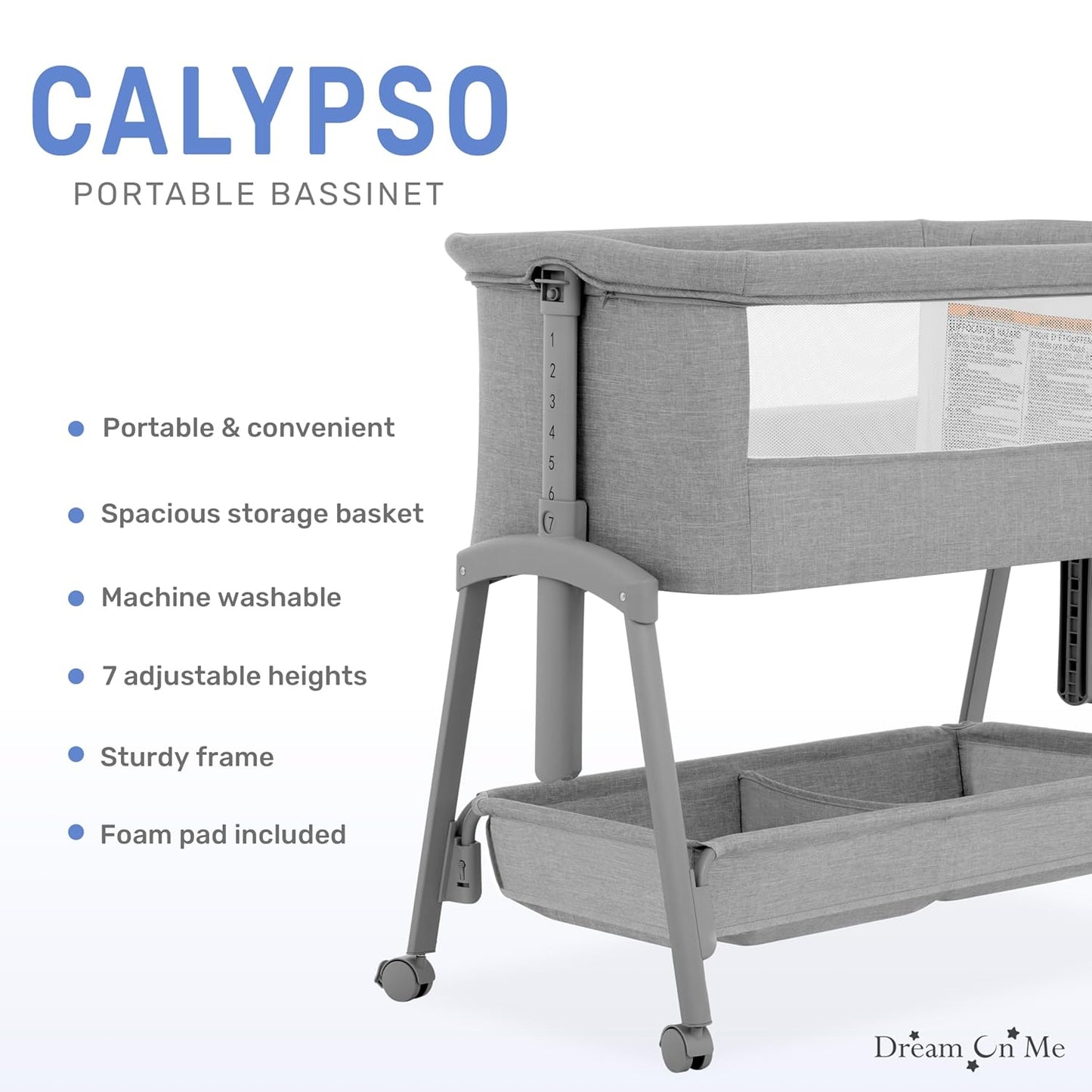 Dream On Me Calypso Portable Bassinet with Wheels, Adjustable Height Bedside Sleeper, Foldable Baby Bassinet with Breathable Mesh Sides, Foam Mattress, Easy Mobility & Travel-Friendly Design - Black