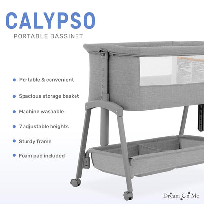 Dream On Me Calypso Portable Bassinet with Wheels, Adjustable Height Bedside Sleeper, Foldable Baby Bassinet with Breathable Mesh Sides, Foam Mattress, Easy Mobility & Travel-Friendly Design - Black