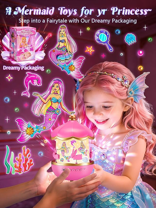 Little Mermaid Toys, 15 Soothing Sounds+18 Films+378 Colors Kids Night Light Projector, 360°+Remote+Cordless+Pink Mermaid Birthday Gifts for Girls, Princess Toys Princess Room Decor[Dreamy Packaging]