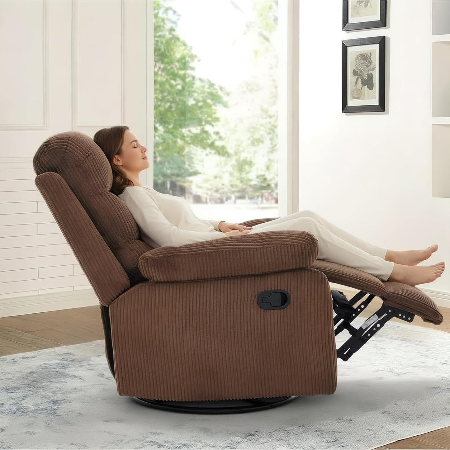 Rocking Recliner Chair,Modern Swivel Glider Recliner Chair,Corduroy Fabric Upholstery Recliner,Manual Reclining Sofa Chair for Living Room,Office,Apartment (Beige)