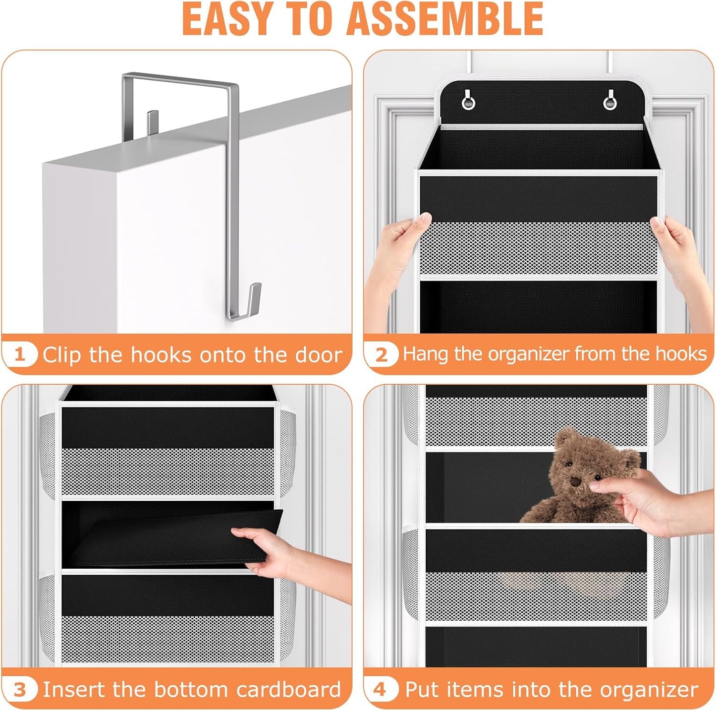 WISELIFE Over The Door Organizer Storage 4 Shelves Large Capacity Hanging Bedroom Storage Solution with 6 Side Pockets for Dorm Bathroom Pantry Nursery and Baby Essentials Holds up to 40 Lbs (Black)