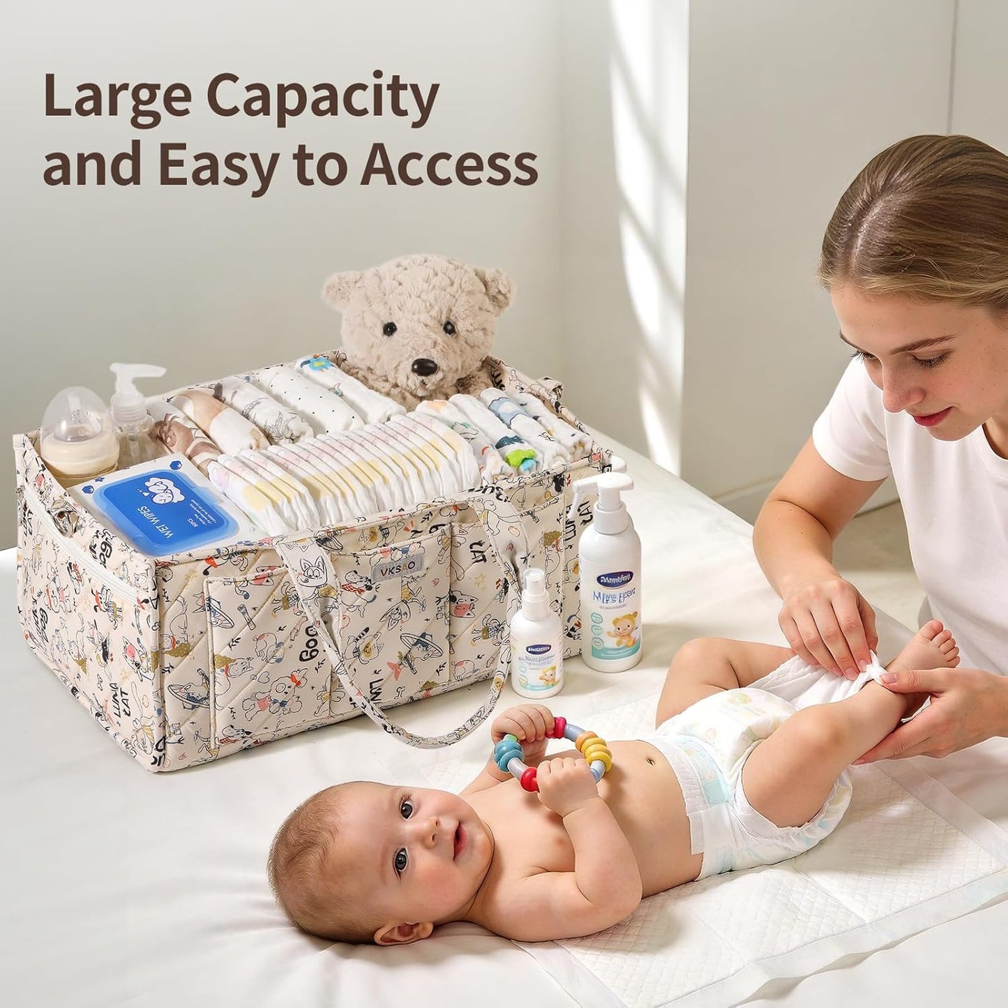 Baby Boy Essentials Diaper Caddy Organizer – Portable Storage Basket with Shoulder Strap & Stroller Hooks, Splashproof Quilted Nursery & Car Tote, Baby Gifts for Baby Shower, Classic Blue