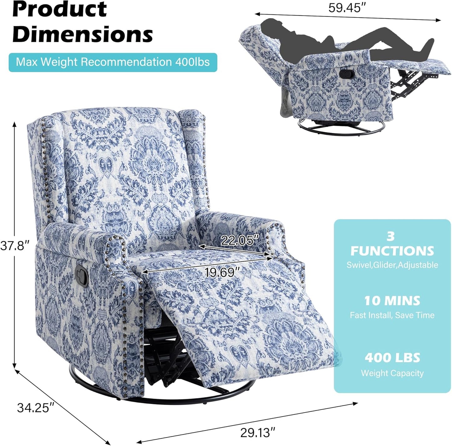 UIXE Swivel Glider Recliner Chair for Adults, High Back Nursery Rocker Floral Upholstered Armchair for Living Room, Manual Reclining Rivet Trim Sofa Lounge with Deep Seat in Fabric - Navy Blue