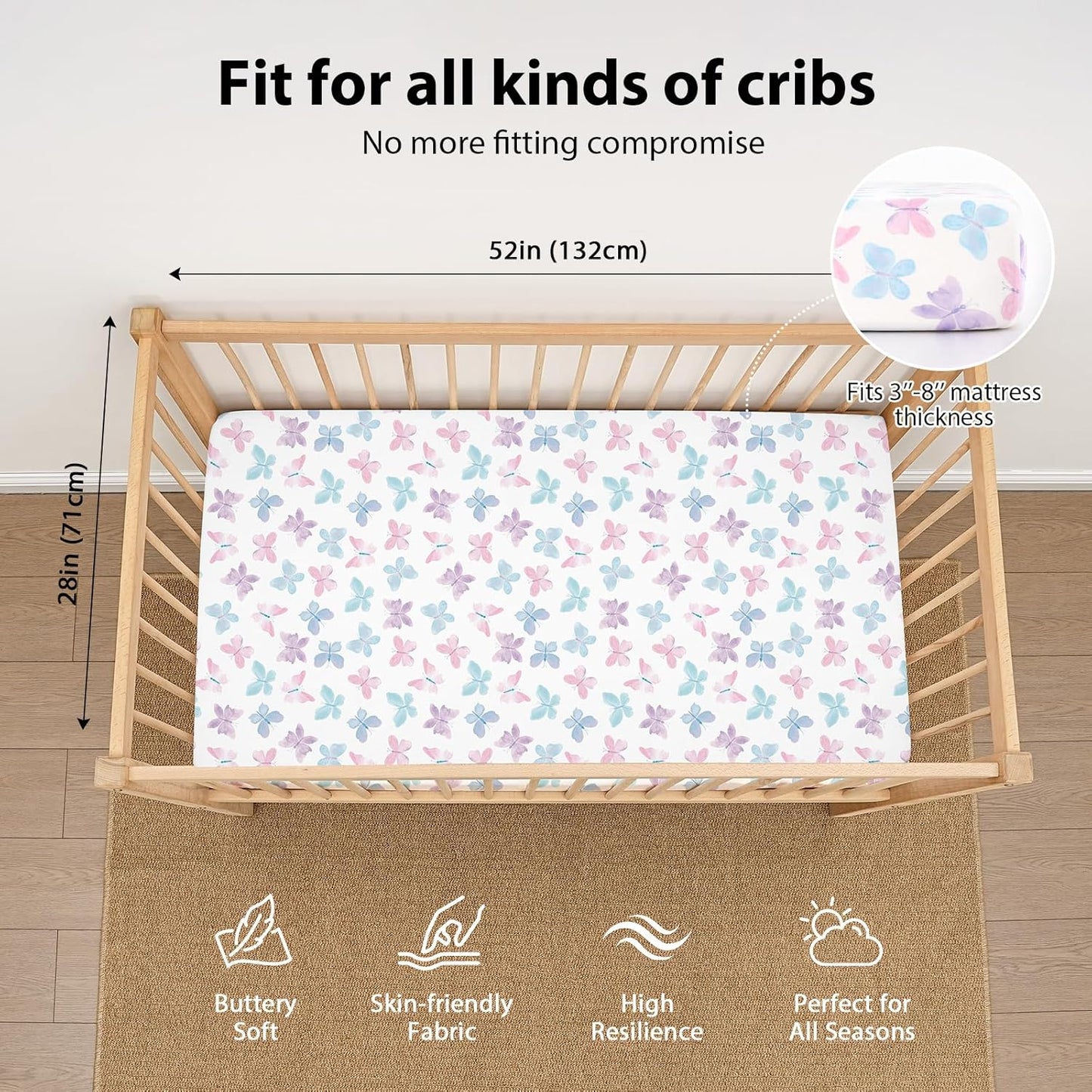 Baby Mini Crib Sheets Girl, Portable 38”x26” Pack and Play Sheets Fitted for Playard and Pack N Play Mattress, 3-Pack Soft Microfiber Pink Rainbow