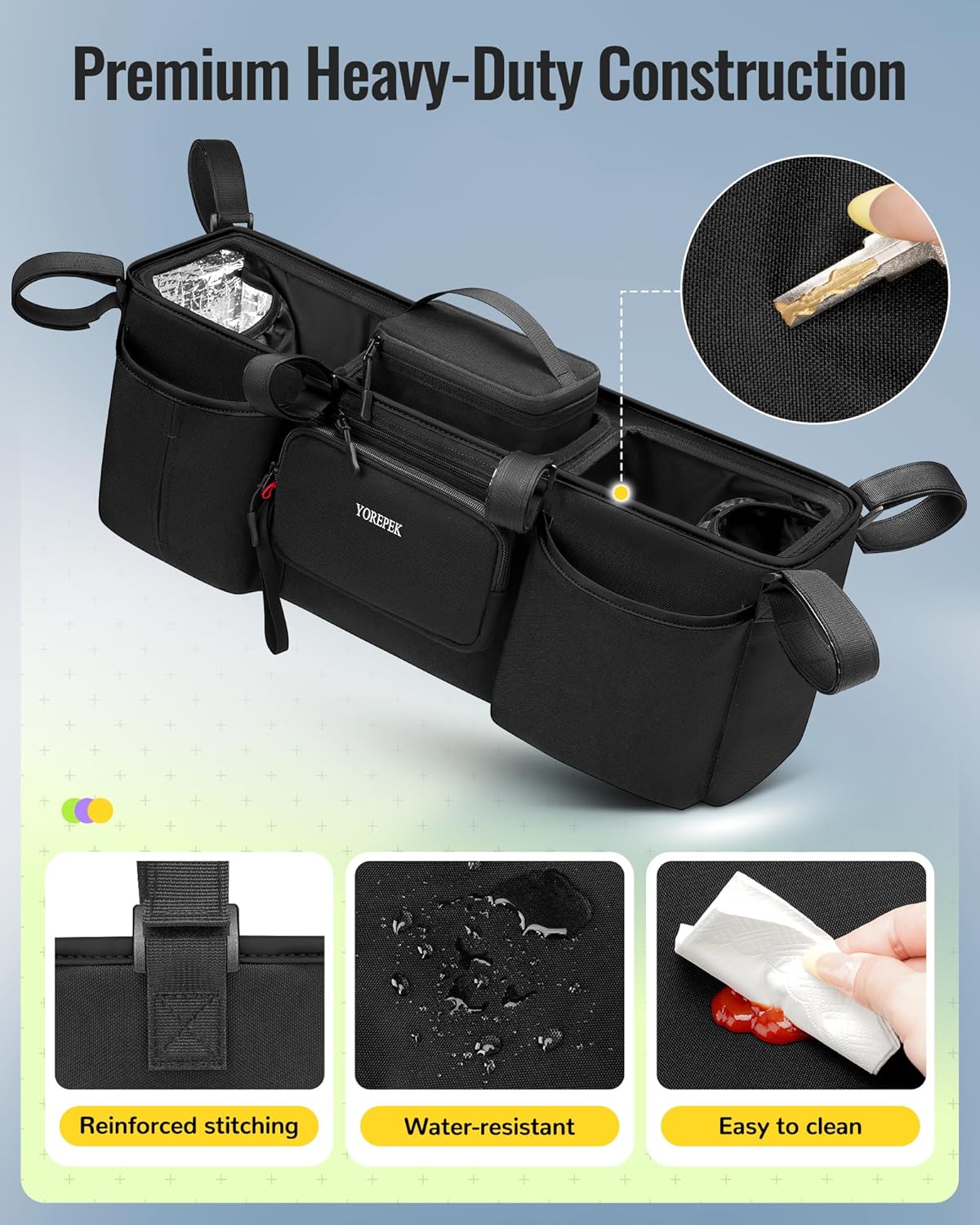YOREPEK Heavy Duty Double Stroller Organizer for Bob Duallie, Baby Jogger City Mini GT2 and Jeep,Stroller Caddy with Detachable Cooler Bag and Handbag,Stroller Storage Attachment for Baby Accessories