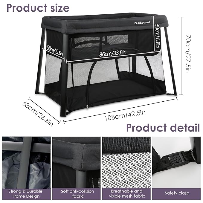 Pack and Play with Bassinet & Mattress, Lightweight Portable Baby Bed, Foldable Travel Bassinet Playard with Storage Bag, Easy Setup Playpen for Babies & Toddlers (Black)