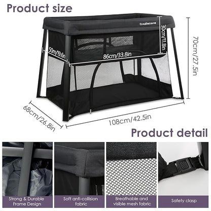Pack and Play with Bassinet & Mattress, Lightweight Portable Baby Bed, Foldable Travel Bassinet Playard with Storage Bag, Easy Setup Playpen for Babies & Toddlers (Black)