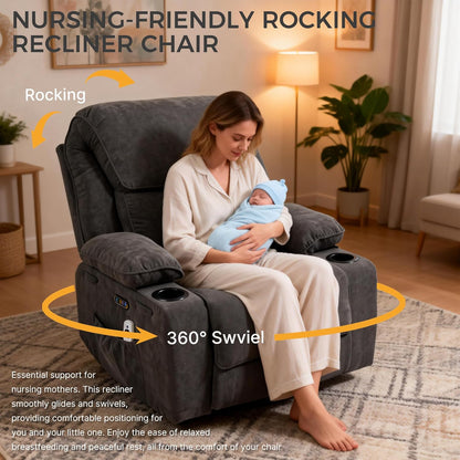 Recliner Chair Power Control, Nursery Reclining & Rocking Chair and Glider, Massage Swivel Living Room Furniture for Small Spaces, Bedroom, RVS, Lounge Sofa Chairs with USB & Type C Ports, Light Gray