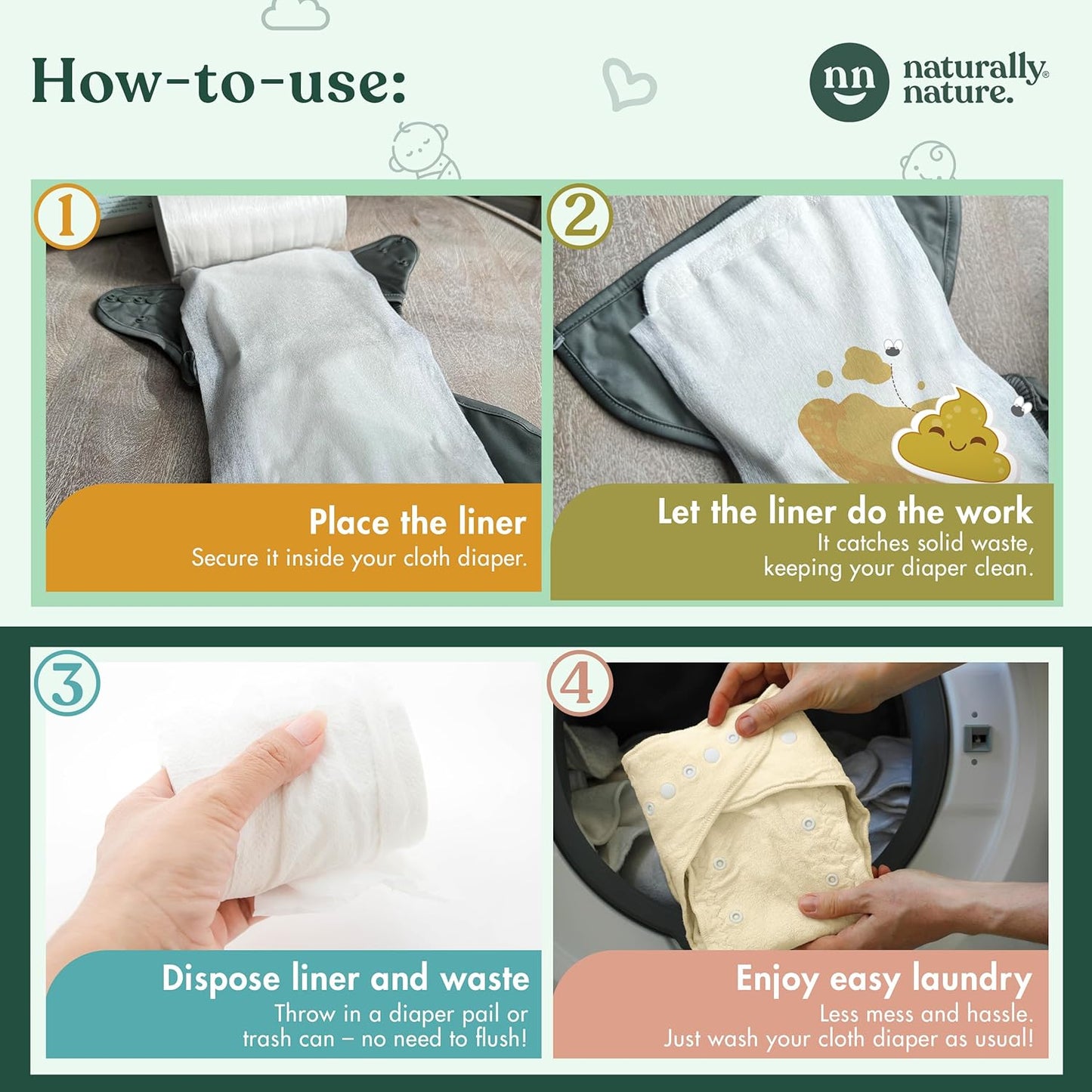 Naturally Nature Disposable Cloth Diaper Liners, Unscented, Fragrance-Free, Chlorine Free Diaper Inserts - 200 Count - (2 Rolls, 100 Sheets per Roll)