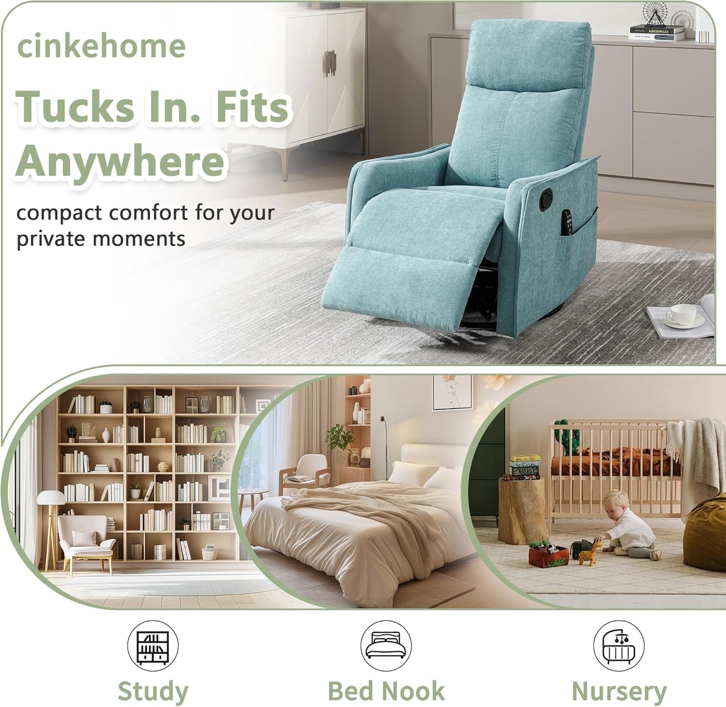 cinkehome Swivel Rocker Recliner, Glider Rocker Recliner Chair for Nursery, Manual Reclining Chair with Heated Massage, Small Spaces, Living Room, Khaki Chenille