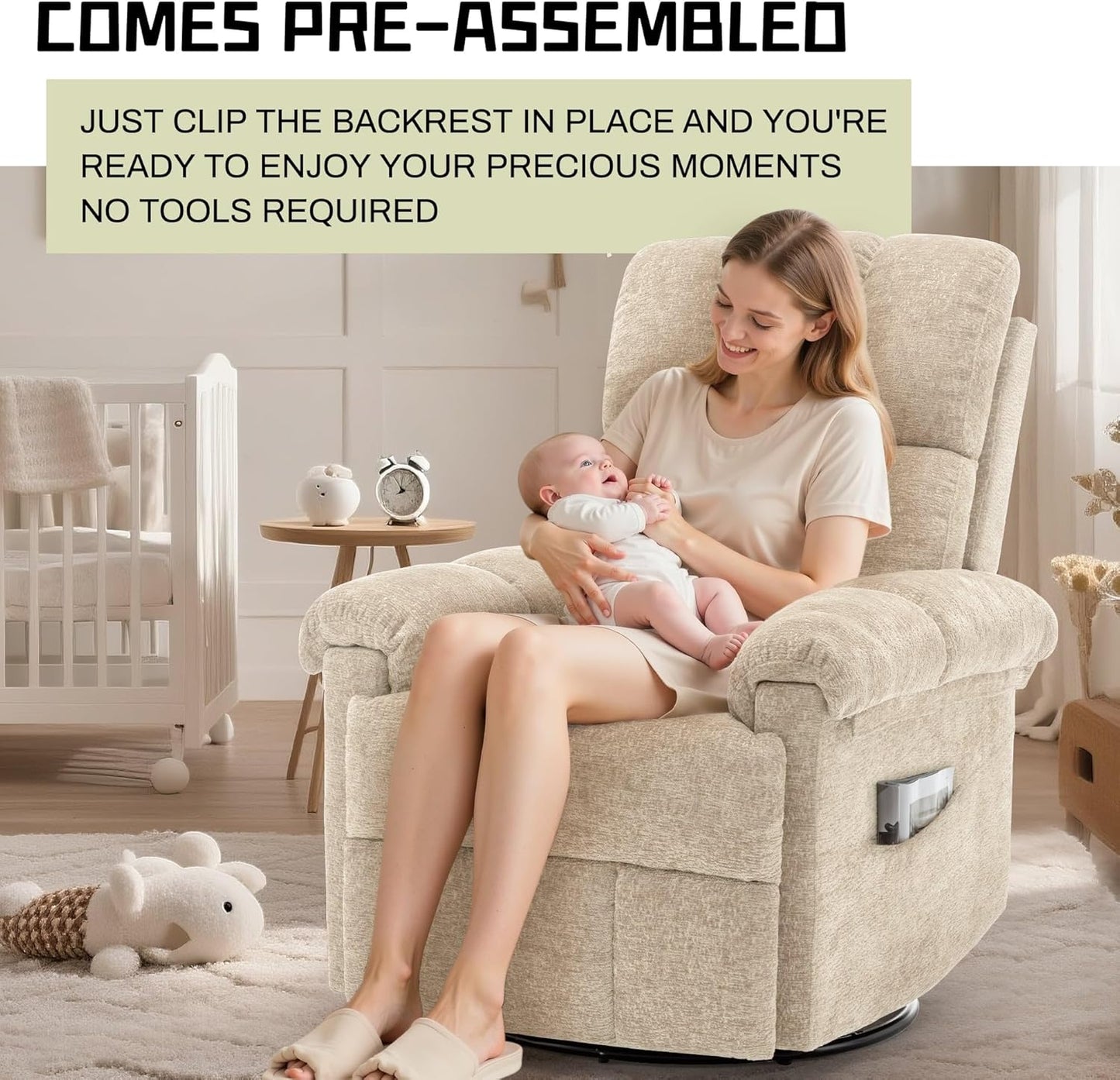 Korser Recliner Chair, Swivel Rocker Recliner Chair for Adults, Small Recliners for Small Spaces, Upholstered Manual Recliner with Side Pockets, Nursery Rocking Chair for Living Room, Chenille, Beige