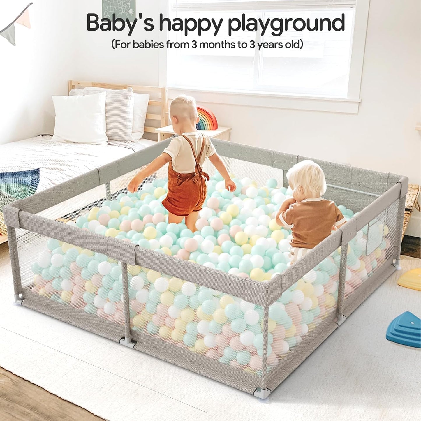 Fodoss Baby Playpen with Mat, 59x59in Playpen for Babies and Toddlers, Kids Play Pen, Extra Large Baby Fence for Infants with Playmates, Toddler Playard