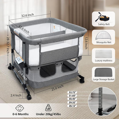Twin Bassinet for 2 Babies, Double Bassinet for Twins, Baby Bassinet with Wheels, Full-Mesh Sides, 5-Height Adjustable, Portable and Stable Baby Crib for Newborns (Basic Grey)