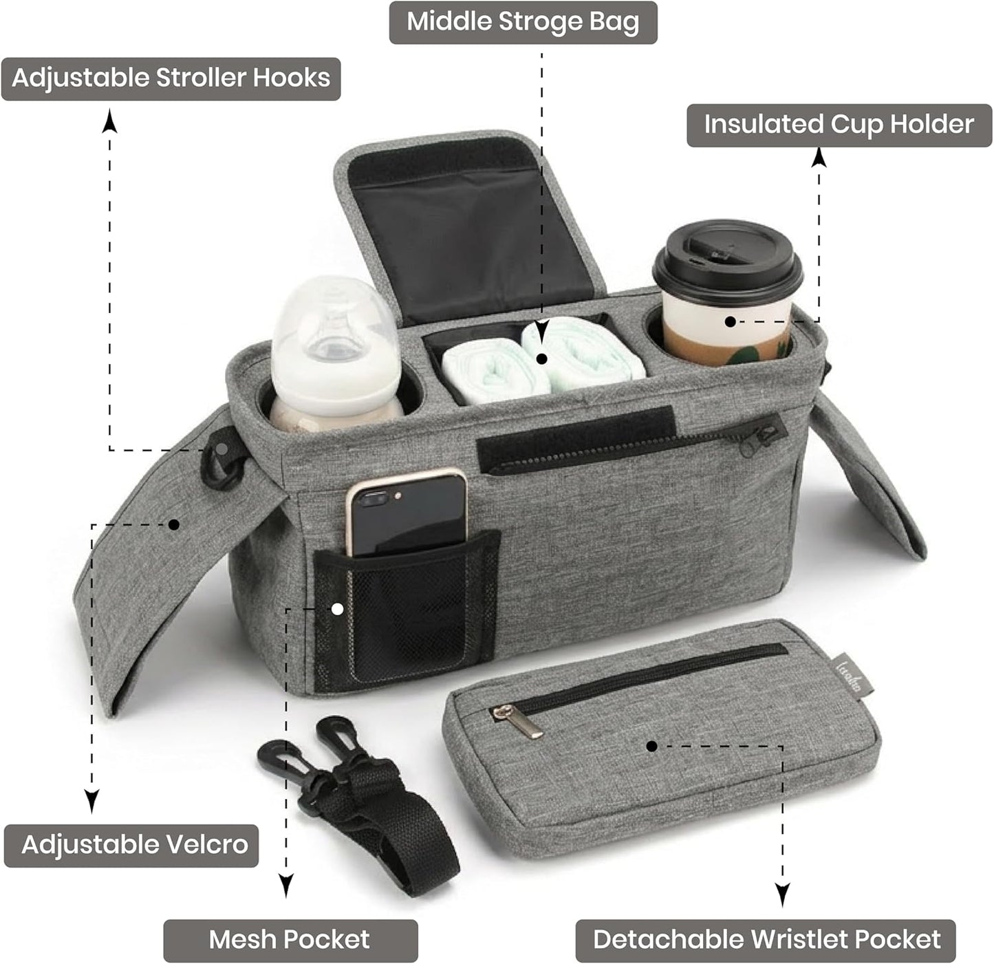 Universal Stroller Organizer, Grey - 2 Insulated Cup Holders - Non-Slip Stroller Caddy Bag - Detachable Phone Pouch - Fits Uppababy, Nuna - New Mom Essentials