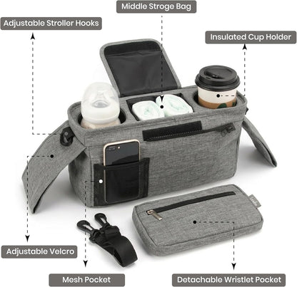 Universal Stroller Organizer, Grey - 2 Insulated Cup Holders - Non-Slip Stroller Caddy Bag - Detachable Phone Pouch - Fits Uppababy, Nuna - New Mom Essentials