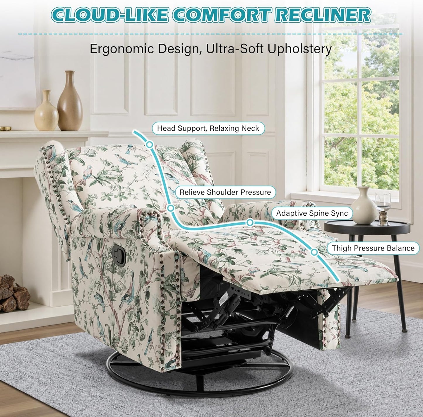 UIXE Swivel Glider Recliner Chair for Adults, High Back Nursery Rocker Floral Upholstered Armchair for Living Room, Manual Reclining Rivet Trim Sofa Lounge with Deep Seat in Fabric - Navy Blue
