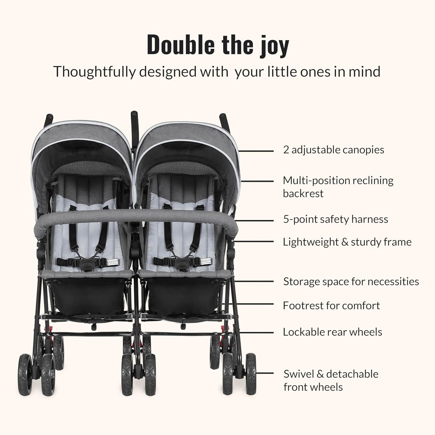 Dream On Me Volgo Twin Umbrella Stroller in Black, Lightweight Double Stroller for Infant & Toddler, Compact Easy Fold, Large Storage Basket, Large and Adjustable Canopy