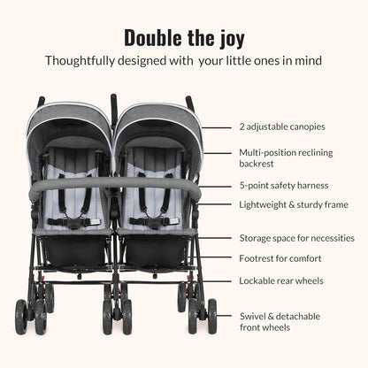 Dream On Me Volgo Twin Umbrella Stroller in Black, Lightweight Double Stroller for Infant & Toddler, Compact Easy Fold, Large Storage Basket, Large and Adjustable Canopy