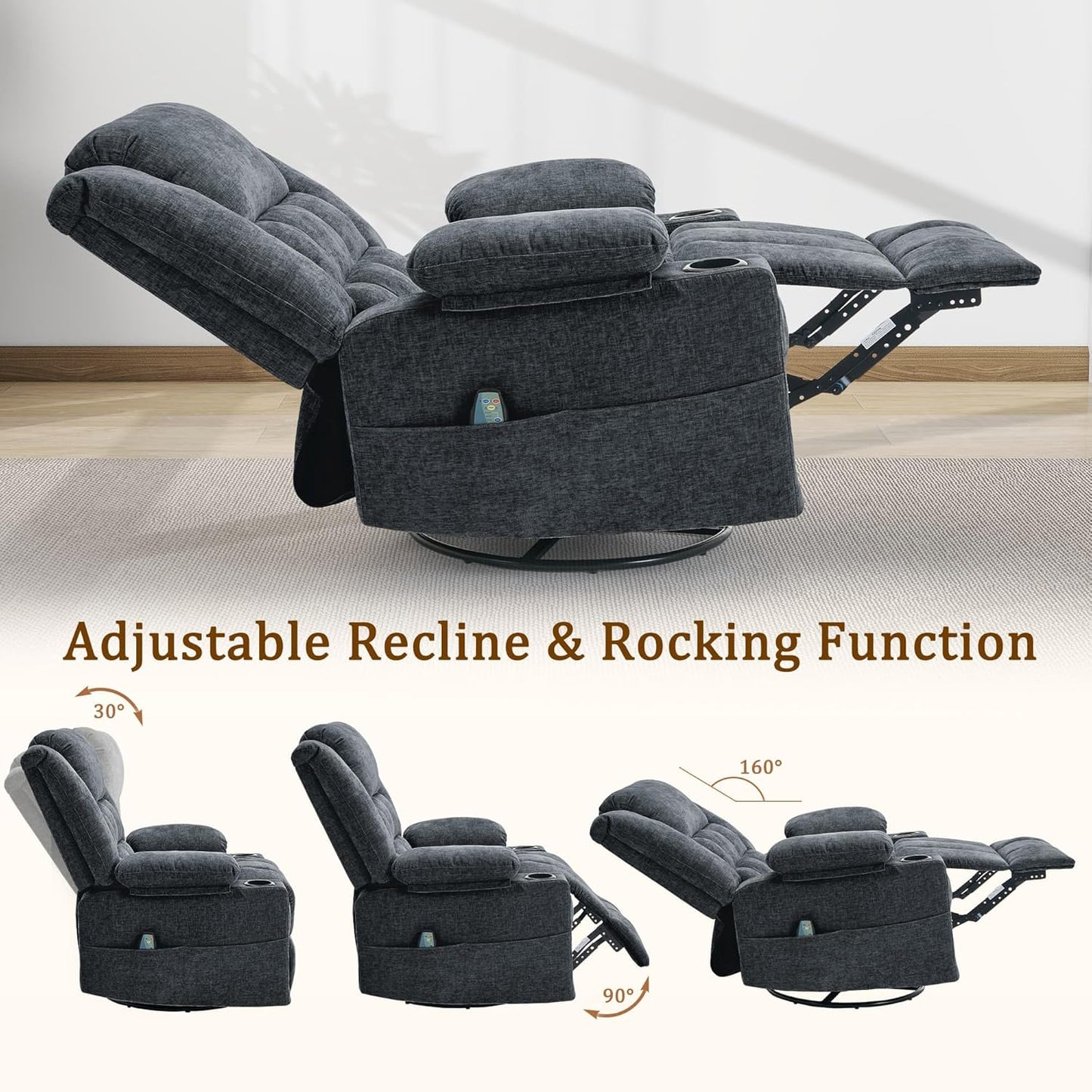Korser 360° Swivel Rocker Recliner for Adults, Nursery Glider Recliner with Massage and Heating, Rocking Chair with Cup Holder, Manual Recliner Chair for Living Room, Bedroom (Fabric, Beige)