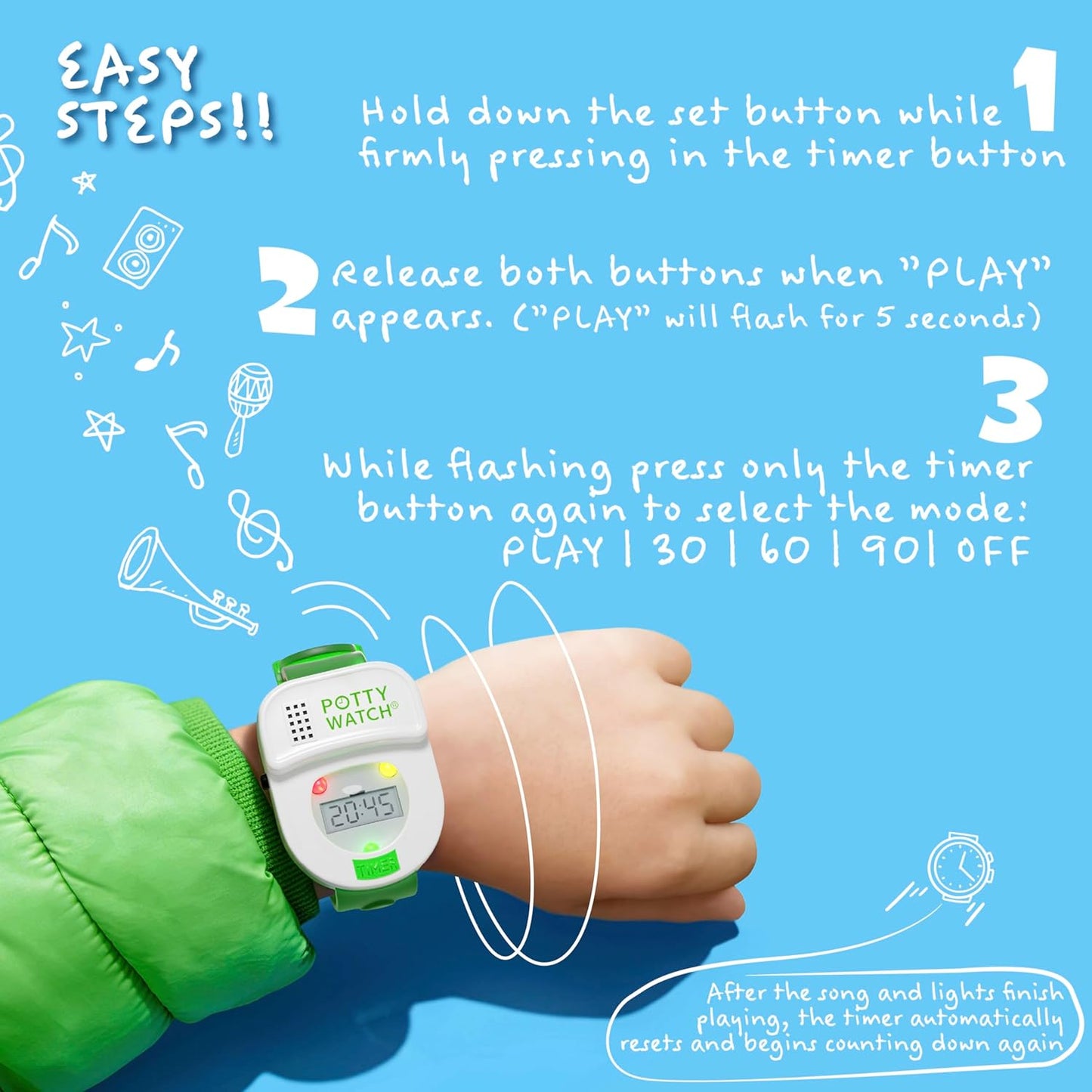 Potty Watch for Kids Potty Training - Potty Training Watch with 3 Fun Flashing Lights and Music - Water-Resistant Watch - Potty Watch Remind Kids Every 30, 60 or 90 Minutes - Pink