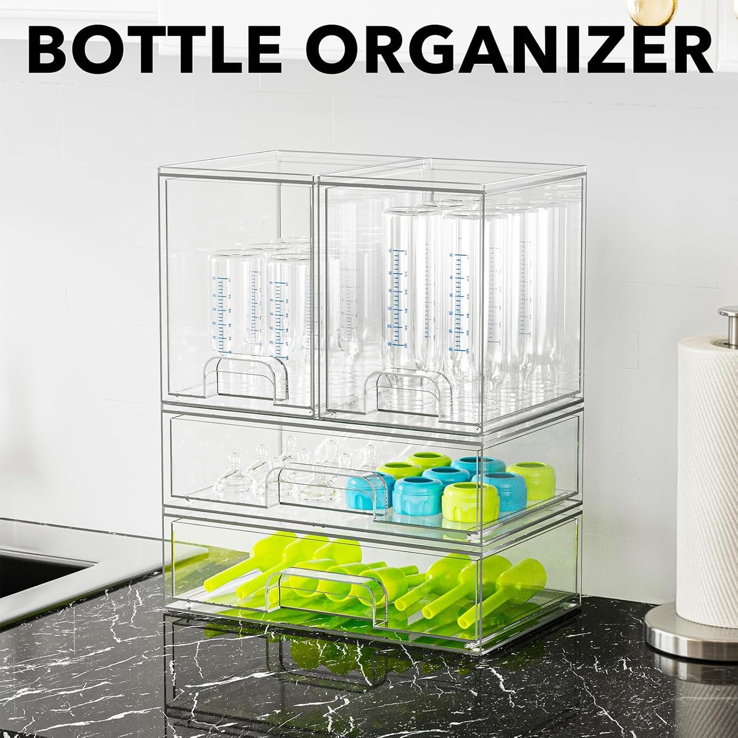 SpaceAid Bottle Storage Organizer Baby - Acrylic Bottles Station Organizer Container, Stackable Clear Drawers for Countertop, Vanity, Bathroom, Cabinet, Pantry Organization, 5 Pack, 2S2M1L, 15.4" H