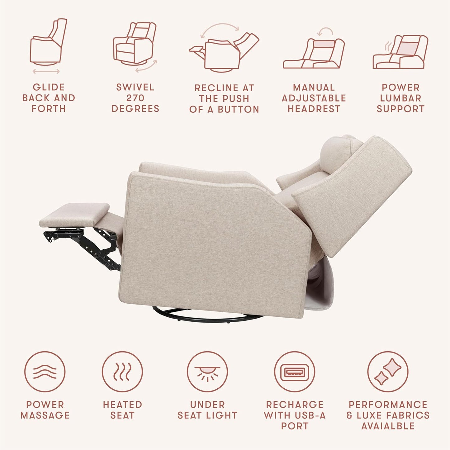 Babyletto Kiwi Deluxe Power Recliner and Swivel Glider with Heat and Massage in Almond Teddy Loop, Built-in USB Charging Port, Adjustable Headrest, Greenguard Gold, FSC and CertiPUR-US Certified