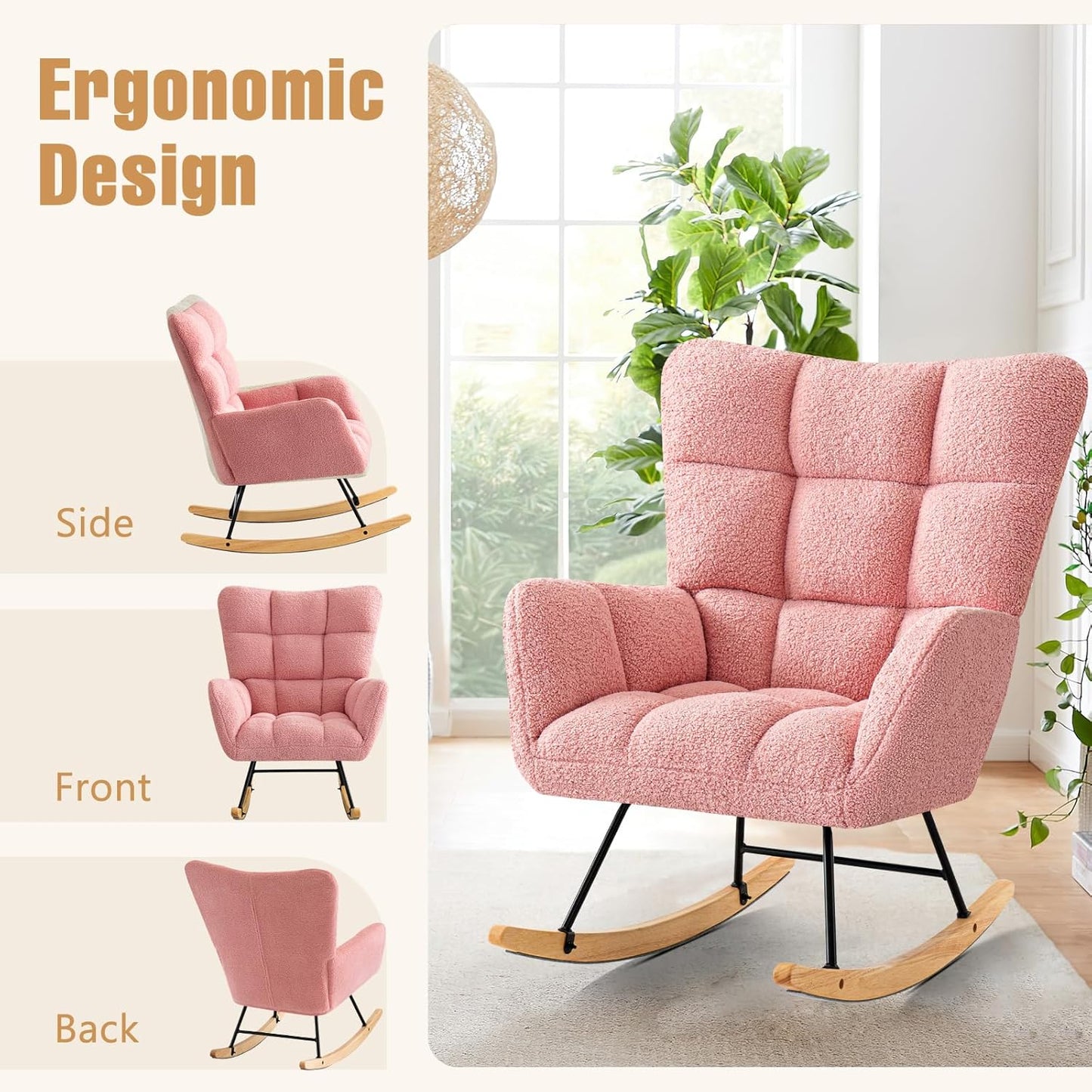 Furniliving Nursery Rocking Chair Upholstered Glider Rocking Chair Modern Accent Chair Padded Seat Reading Chair with High Backrest Comfy Chair for Living Room, Bedroom, Nursery, Black, Teddy