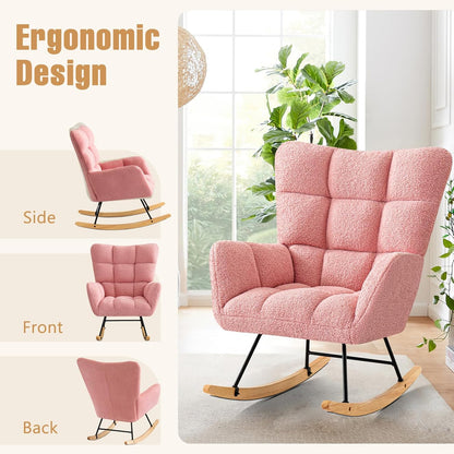 Furniliving Nursery Rocking Chair Upholstered Glider Rocking Chair Modern Accent Chair Padded Seat Reading Chair with High Backrest Comfy Chair for Living Room, Bedroom, Nursery, Black, Teddy