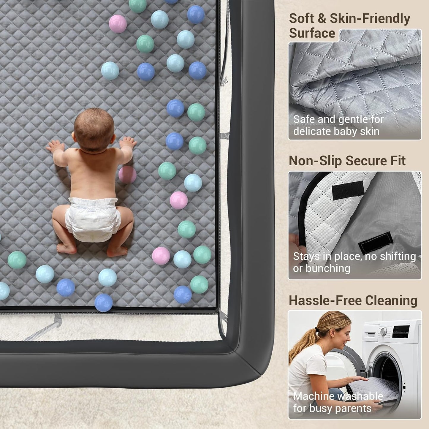 Foldable Baby Playpen, 50"×50" Collapsible Play Yard for Babies and Toddlers, No Assembly Required, Kids Safety Play Area with 4 Handles, 50 Balls and Visible Mesh, Black
