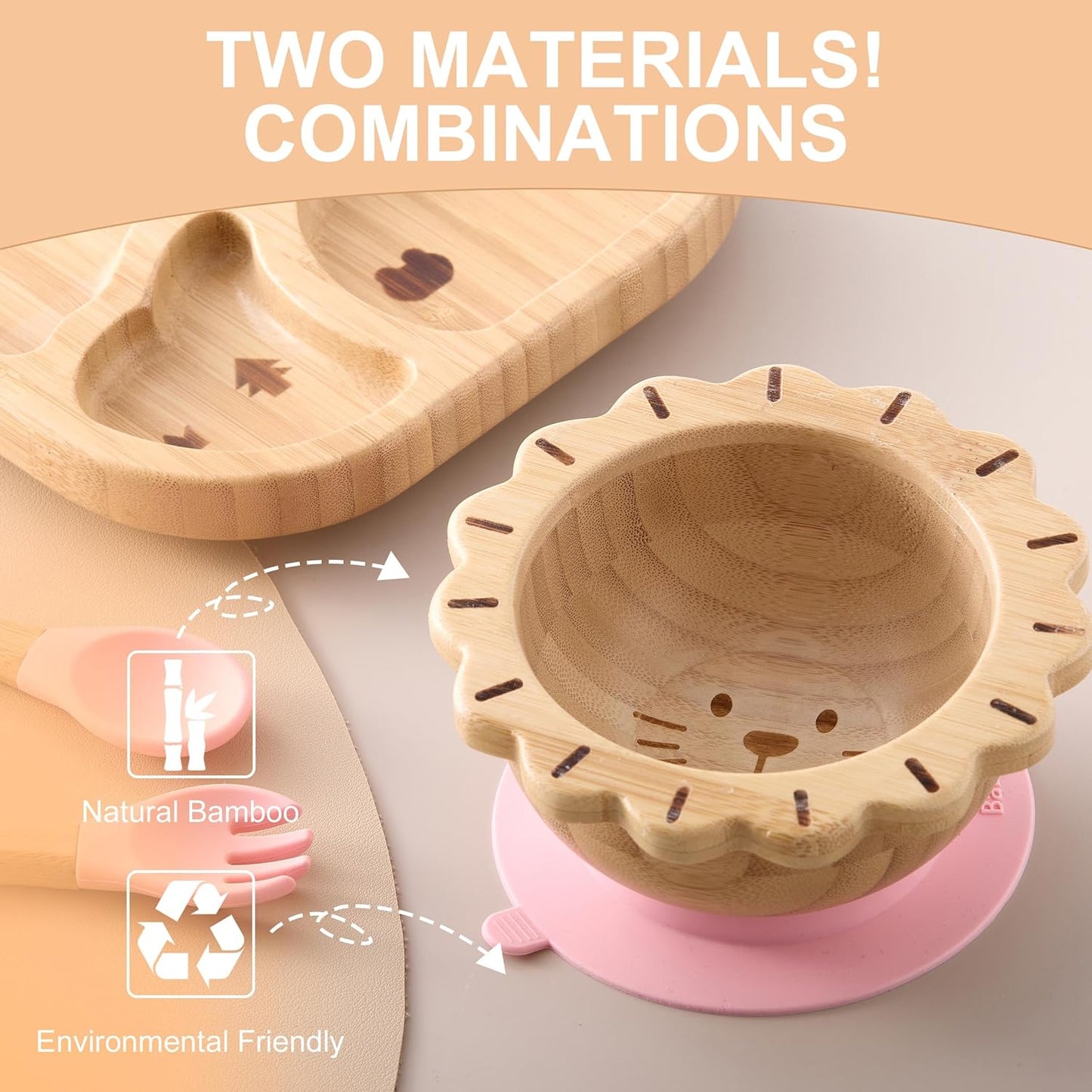 Suction Plates Bowls Set for Baby Toddler Non-Toxic Bamboo Feeding Set with Silicone Fork & Spoon (Green Feeding Set)