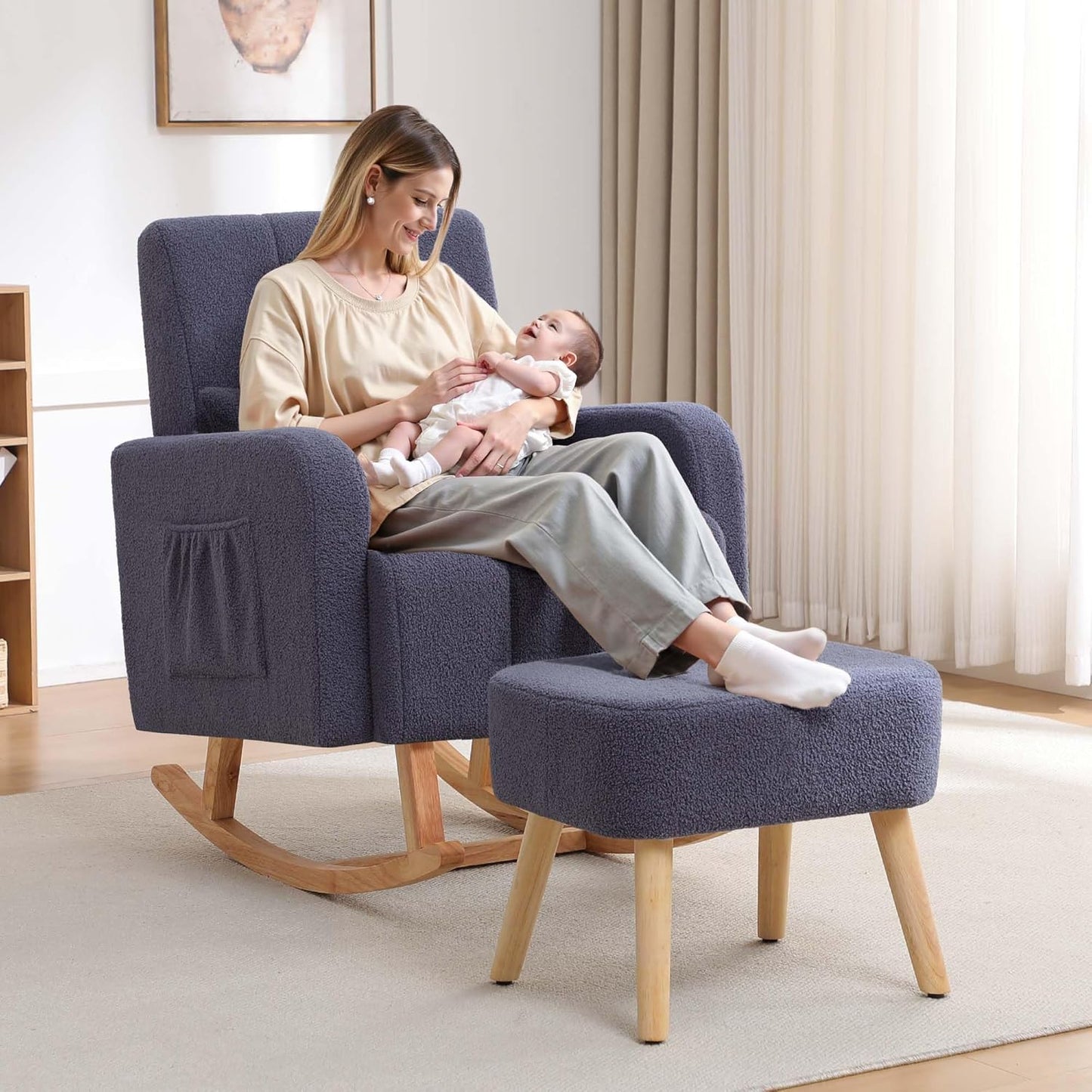 HCHAIRH Nursery Rocking Chair with Ottoman, Upholstered Glider Rocker with High Backrest Side Pocket, Rocking Accent Armchair with Solid Wood Legs for Nursery, Living Room, Bedroom, Light Grey